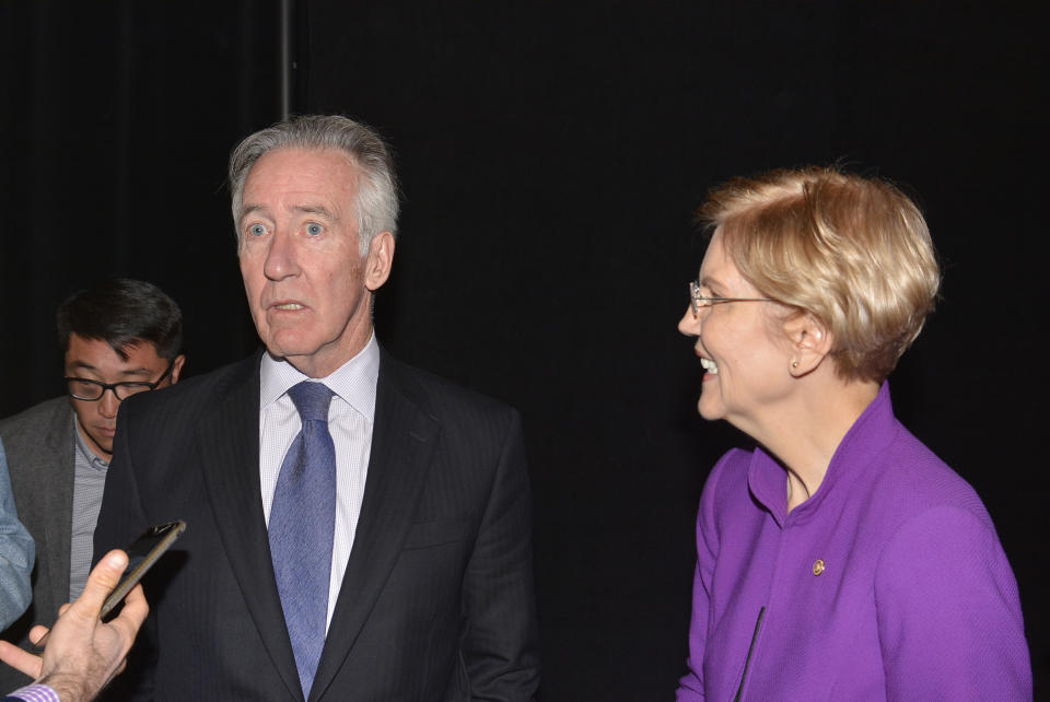 Democratic U.S. Sen. Elizabeth Warren, right, joins U.S. Rep. Richard Neal after a U.S. Senatorial debate against Republican state Rep. Geoff Diehl, Sunday, Oct. 21, 2018, in Springfield, Mass. (Frederick Gore/The Republican via AP)