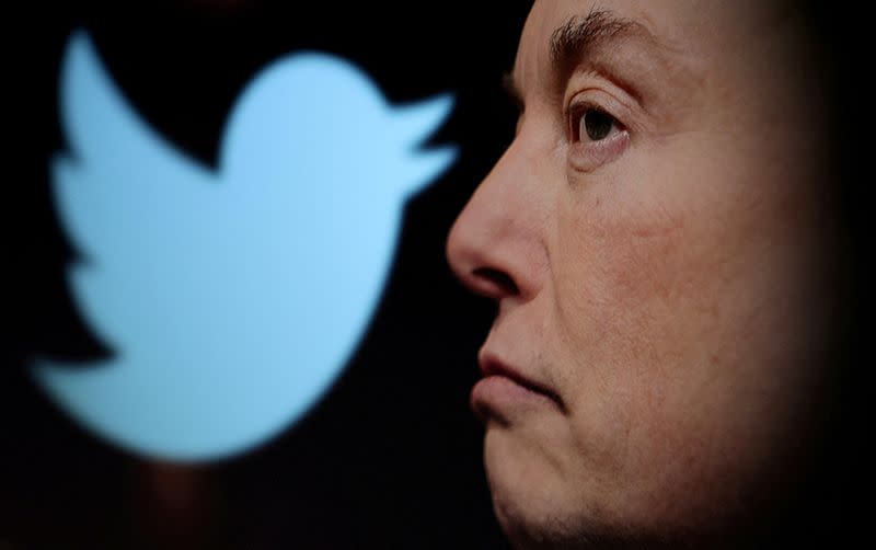 FILE PHOTO: Illustration shows Elon Musk photo and Twitter logo