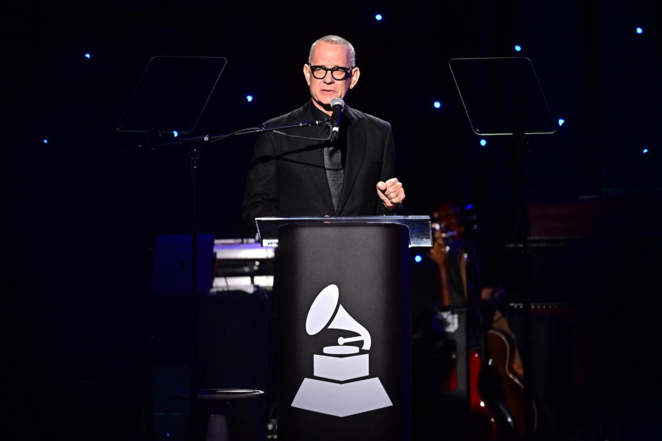 US actor Tom Hanks speaks onstage during the Recording Academy and Clive Davis' Salute To Industry Icons pre-Grammy gala at the Beverly Hilton hotel in Beverly Hills, California on February 3, 2024. (Photo by Frederic J. Brown / AFP)