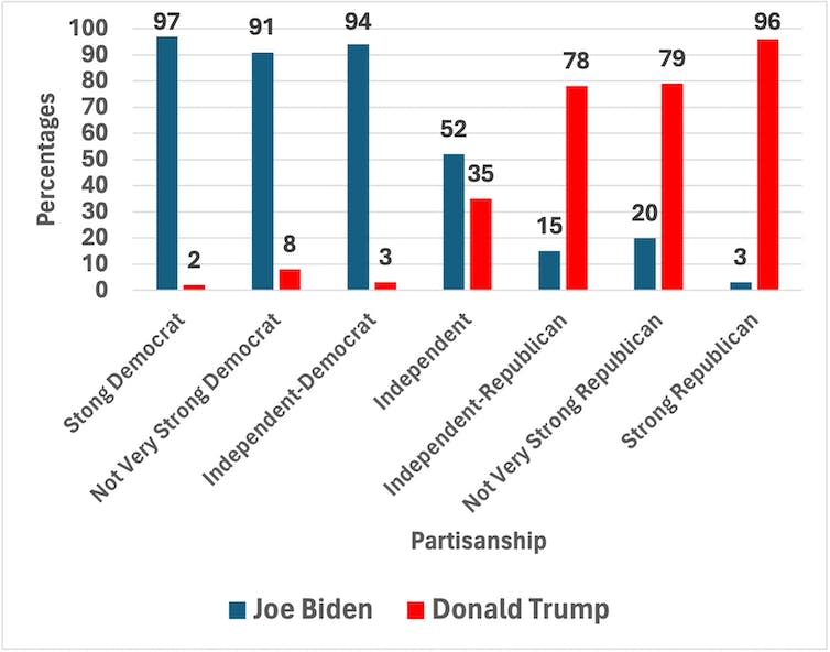 A chart showing how partisanship related to voting behaviour in the 2020 US election.