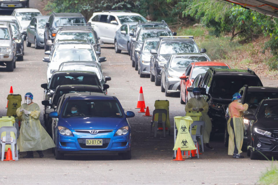 A general view of the Warringah Aquatic Centre Histopath Pathology Covid-19 Drive-through testing clinic  in Sydney, Australia. 