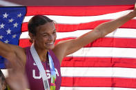 Bronze medalist Anna Hall, of the United States, reacts after the Heptathlon at the World Athletics Championships on Monday, July 18, 2022, in Eugene, Ore. (AP Photo/Gregory Bull)