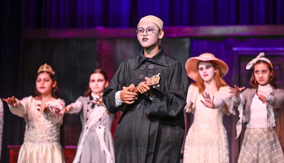 Rei Zeng rehearses Wednesday, February 21, 2024 for Ridgeview Middle School production of Addams Family Young@Part Edition at Rotary Theater.