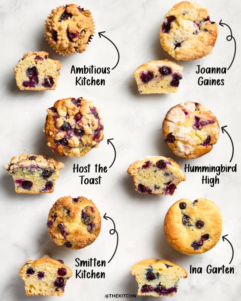 Overhead labeled shot of six different blueberry muffin recipes