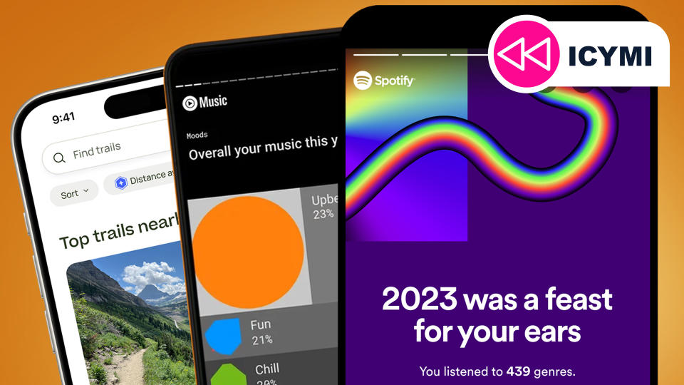  Three phones on an orange background showing Spotify Wrapped 2023, YouTube Music Recap 2023 and the AllTrails app. 