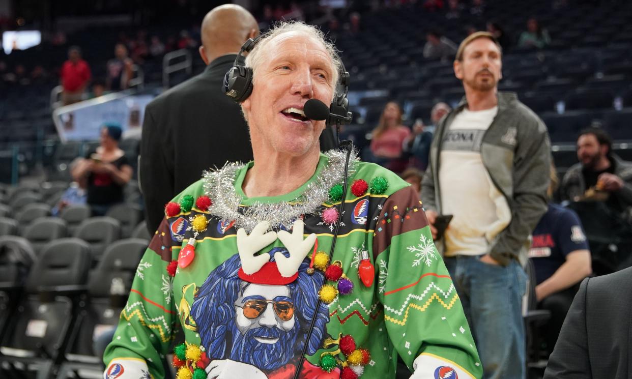 Dec 21, 2019; San Francisco, California, USA; Basketball Hall of Fame Bill Walton sits courtside before the game between the Arizona Wildcats and the St. John's Red Storm at Chase Center. Mandatory Credit: Darren Yamashita-USA TODAY Sports