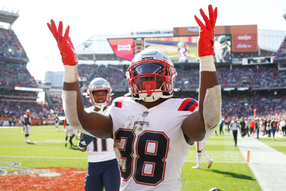 New England Patriots running back Rhamondre Stevenson celebrates after a first-half TD run against the Browns, Sunday, Oct. 16, 2022, in Cleveland.