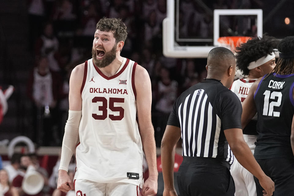 Oklahoma forward Tanner Groves (35) celebrates in the second half of an NCAA college basketball game against TCU, Saturday, March 4, 2023, in Norman, Okla. (AP Photo/Sue Ogrocki)