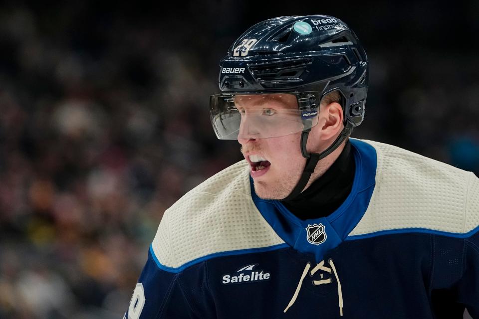 Nov 14, 2023; Columbus, Ohio, USA; Columbus Blue Jackets right wing Patrik Laine (29) skates during the second period of the NHL hockey game against the Pittsburgh Penguins at Nationwide Arena.