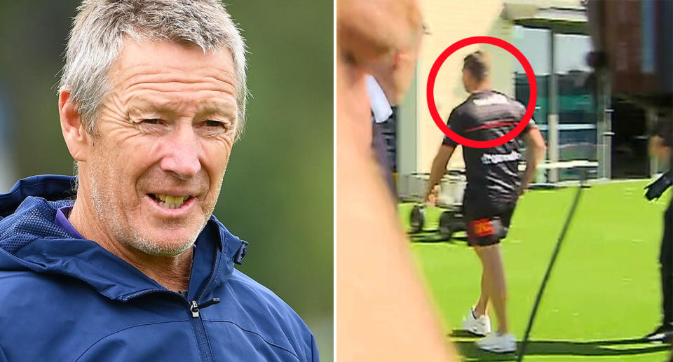 On the left is Craig Bellamy and the right shows Souths coach Jason Demetriou walking out of his NRL press conference on Friday.