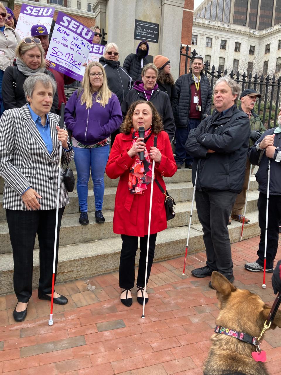 Former National Federation of the Blind in Massachusetts President Amy Ruel, left, and Nona Haroyan from the Bay State Council of the Blind discussed steps taken to ensure the ousting of the commissioner, effective Friday.