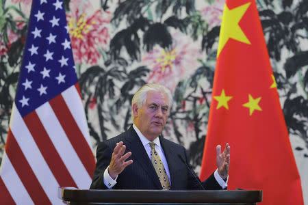 U.S. Secretary of State Rex Tillerson speaks during a joint news conference with Chinese Foreign Minister Wang Yi, at Diaoyutai State Guesthouse in Beijing, China, March 18, 2017. REUTERS/Lintao Zhang