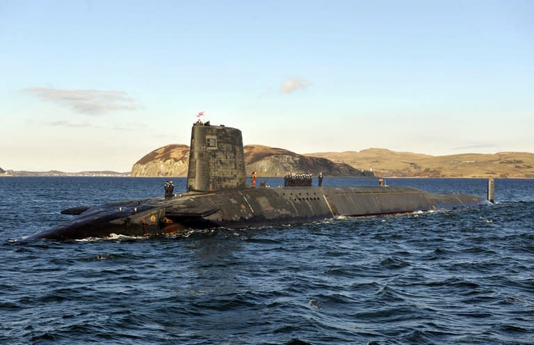 The Trident nuclear submarine, HMS Victorious, is shown on patrol off the west coast of Scotland on April 4, 2013. Britain's leaders are examining proposals to claim sovereignty over the military base in Scotland which houses its Trident nuclear deterrent if the Scottish people vote for independence next year, the Guardian reported Thursday