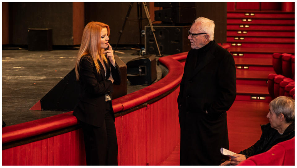 Singer Noemi with Malcolm McDowell at Teatro Regio in Turin