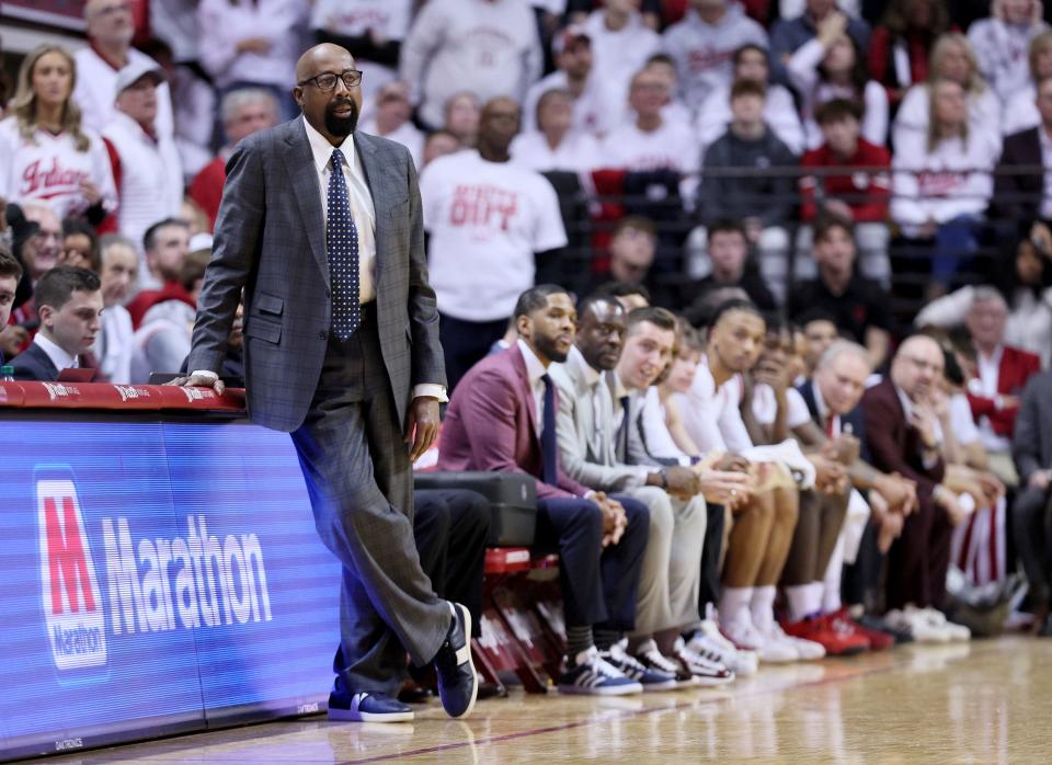 Mike Woodson the head coach of the Indiana Hoosiers gives instructions to his team in the game against the Purdue Boilermakers at Simon Skjodt Assembly Hall on January 16, 2024 in Bloomington, Indiana.