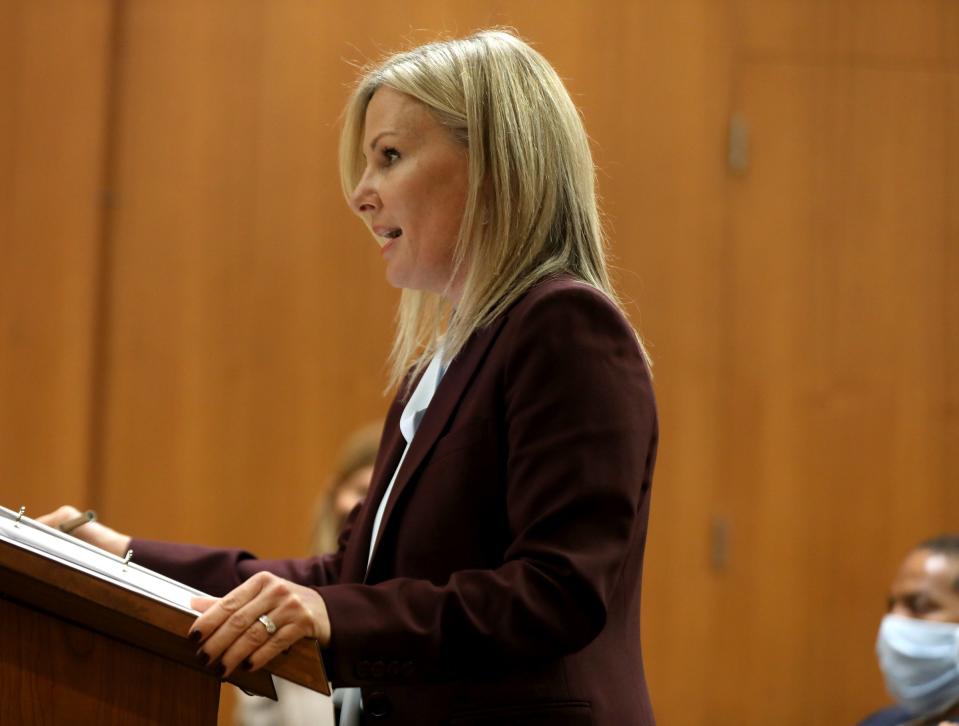 Oakland County Prosecutor Karen McDonald talks about Juwan Deering in the courtroom of Judge Jeffery Matis at the Oakland County Circuit Court in Pontiac during Deering's hearing on Tuesday, September 21, 2021.