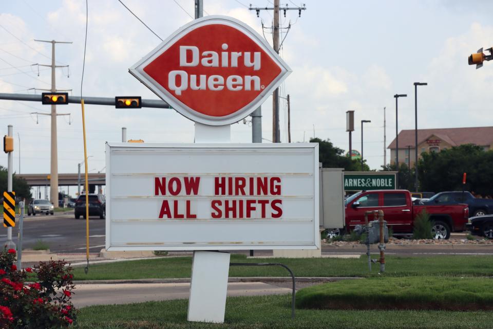 The marquee at Dairy Queen at 2601 S Soncy Road says "now hiring - all shifts".