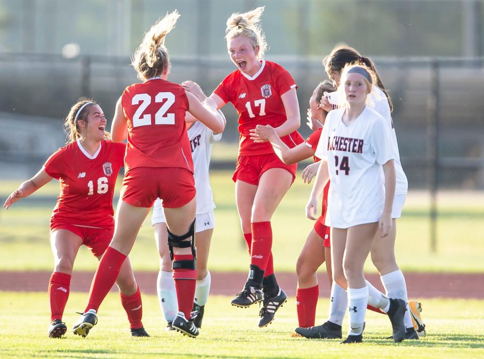 In this file photo, Chatham Glenwood's Ali Matthews (17) celebrates a goal with her teammates during the Class 2A Sectional Championship against Rochester at Glenwood High School in Chatham, Ill., Friday, June 11, 2021. [Justin L. Fowler/The State Journal-Register]