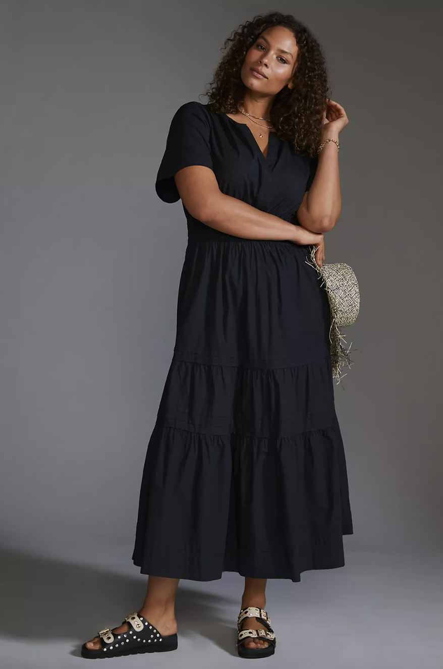 model wearing sandals and black The Somerset Maxi Dress (photo via Anthropologie)