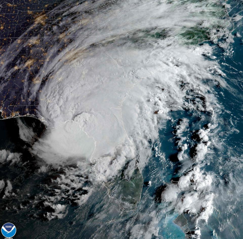 This image obtained from the National Oceanic and Atmospheric Administration (NOAA), shows Hurricane Idalia making landfall in Florida on August 30, 2023.