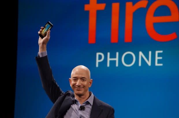 Amazon CEO Jeff Bezos announces the Fire smartphone in June 2014. (GeekWire File Photo)
