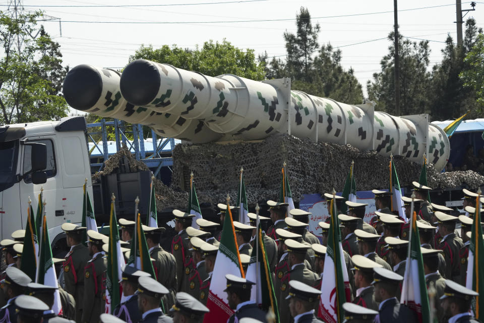 A missile system is carried during Iranian Army Day parade in front of the mausoleum of the late revolutionary founder Ayatollah Khomeini just outside Tehran, Iran, Tuesday, April 18, 2023. Iran's President Ebrahim Raisi on Tuesday reiterated threats against Israel while marking the country's annual Army Day, though he stayed away from criticizing Saudi Arabia as Tehran seeks a détente with the kingdom. (AP Photo/Vahid Salemi)