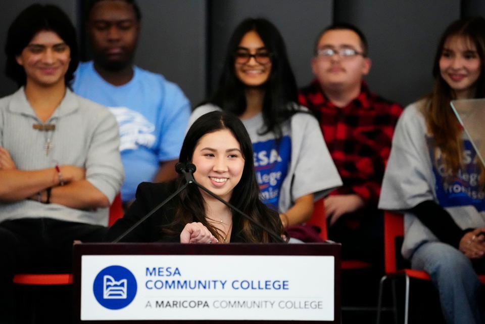 First-generation student Lilly Hernandez introduces first lady Jill Biden as she visits Mesa Community College to highlight how affordable community college programs are on Feb. 13, 2023, in Mesa.