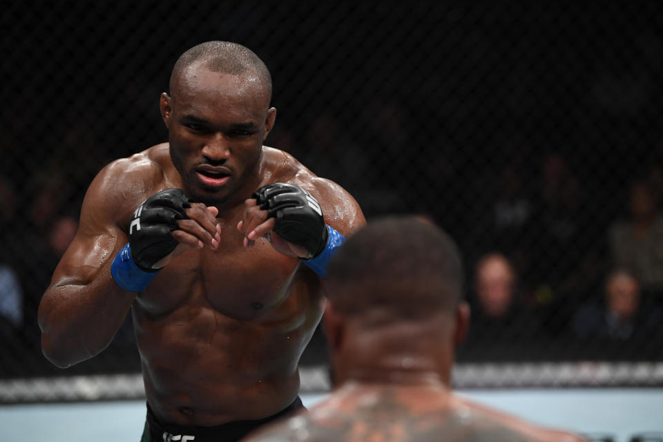 Kamaru Usman of Nigeria faces Tyron Woodley in their UFC welterweight championship bout during the UFC 235 event at T-Mobile Arena on March 2, 2019 in Las Vegas. (Zuffa LLC)