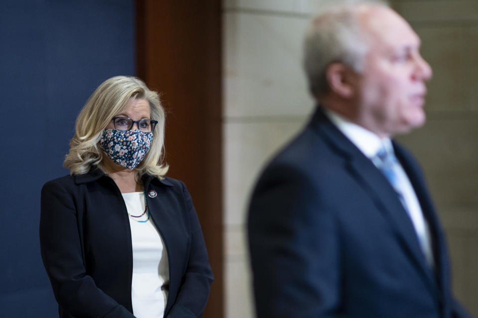 Republican Conference Chair Liz Cheney and House Minority Whip Steve Scalise speak to reporters in the Capitol Visitor Center on Tuesday, March 9, 2021. / Credit: Bill Clark/CQ-Roll Call, Inc via Getty Images