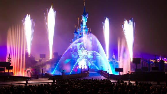 Fireworks at Disneyland Paris at night.