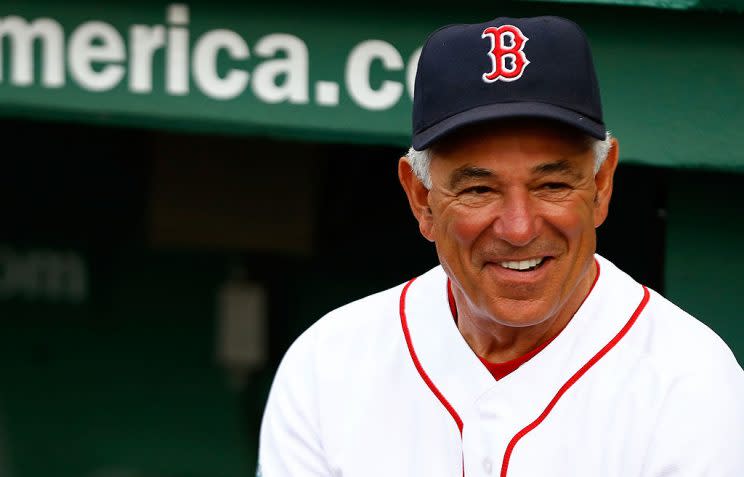 BOSTON, MA - JULY 18: Manager Bobby Valentine #25 of the Boston Red Sox shares a laugh prior to the game against the Chicago White Sox on July 18, 2012 at Fenway Park in Boston, Massachusetts. (Photo by Jared Wickerham/Getty Images)