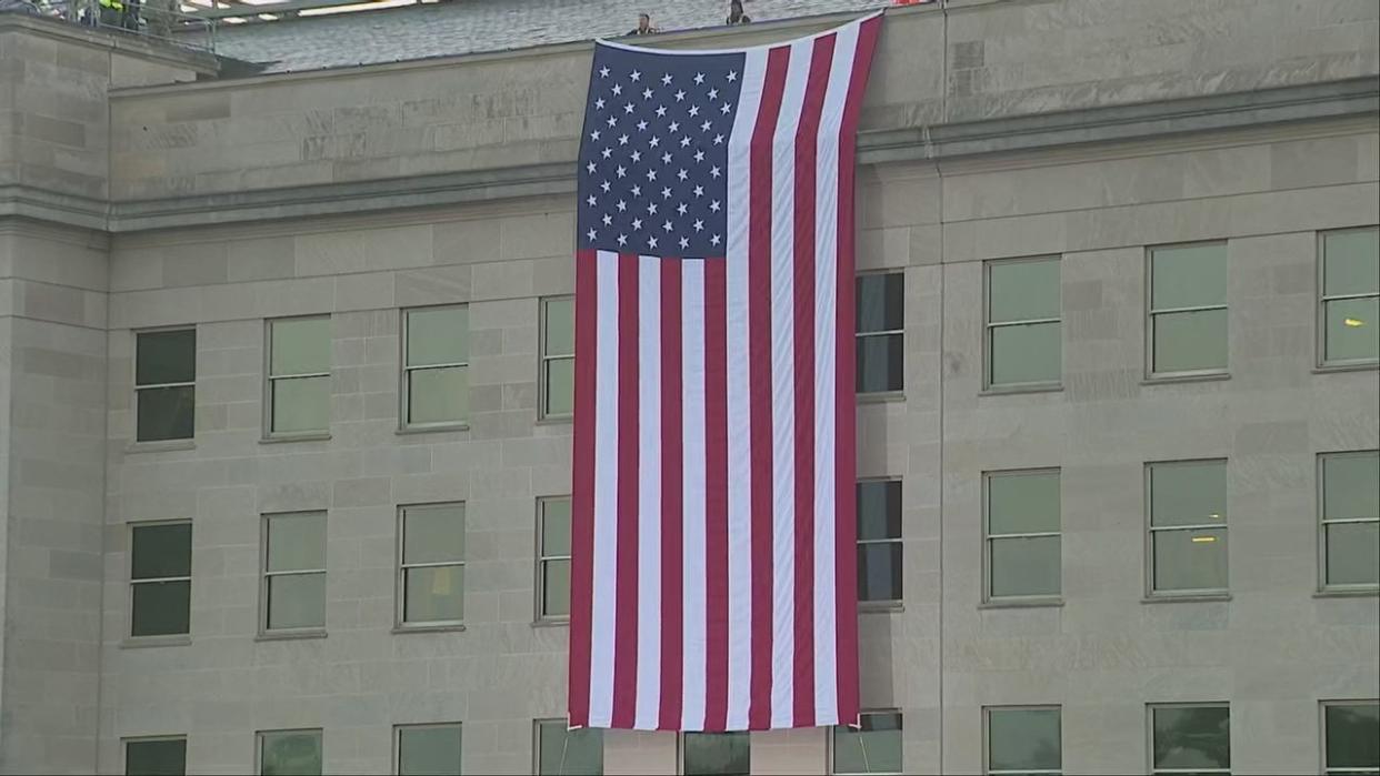 <div>The U.S. flag unfurled on Wednesday, September 11, 2024 to mark 23 years since the 9/11 terrorist attacks.</div>