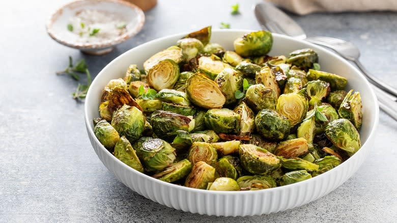 Roasted Brussels sprouts white bowl 