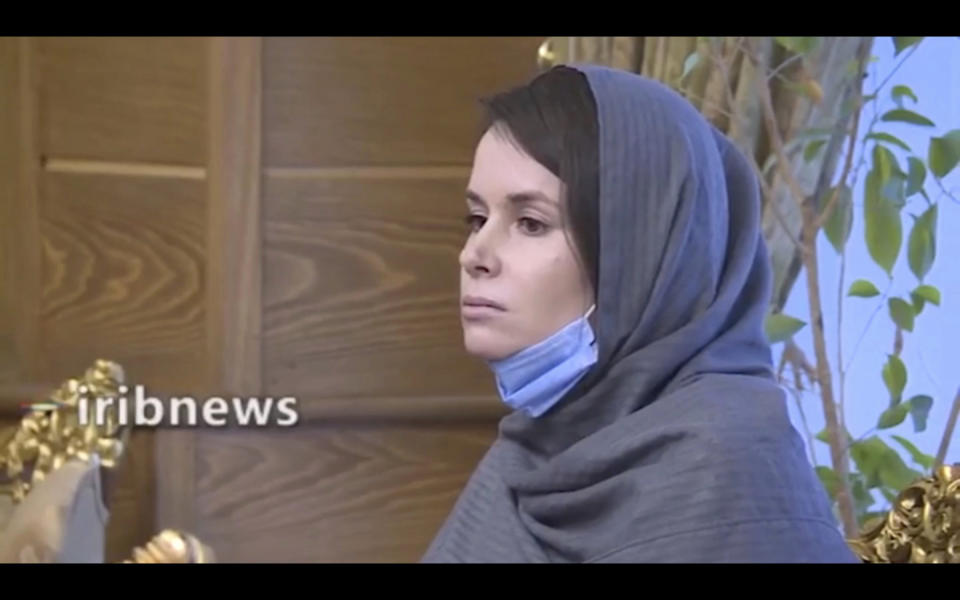 In this frame grab from Iranian state television video aired Wednesday, Nov. 25, 2020, British-Australian academic Kylie Moore-Gilbert is seen in Tehran, Iran. Iran has freed Moore-Gilbert, who has been detained in Iran for more than two years, in exchange for three Iranians held abroad, state TV reported Wednesday. (Iranian State Television via AP)