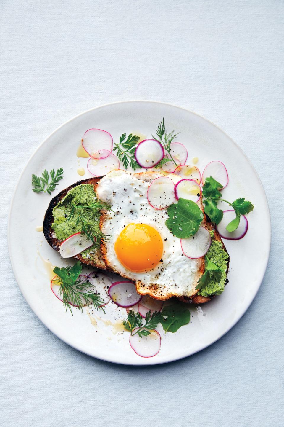 Fried Egg on Toast with Salted Herb Butter and Radishes