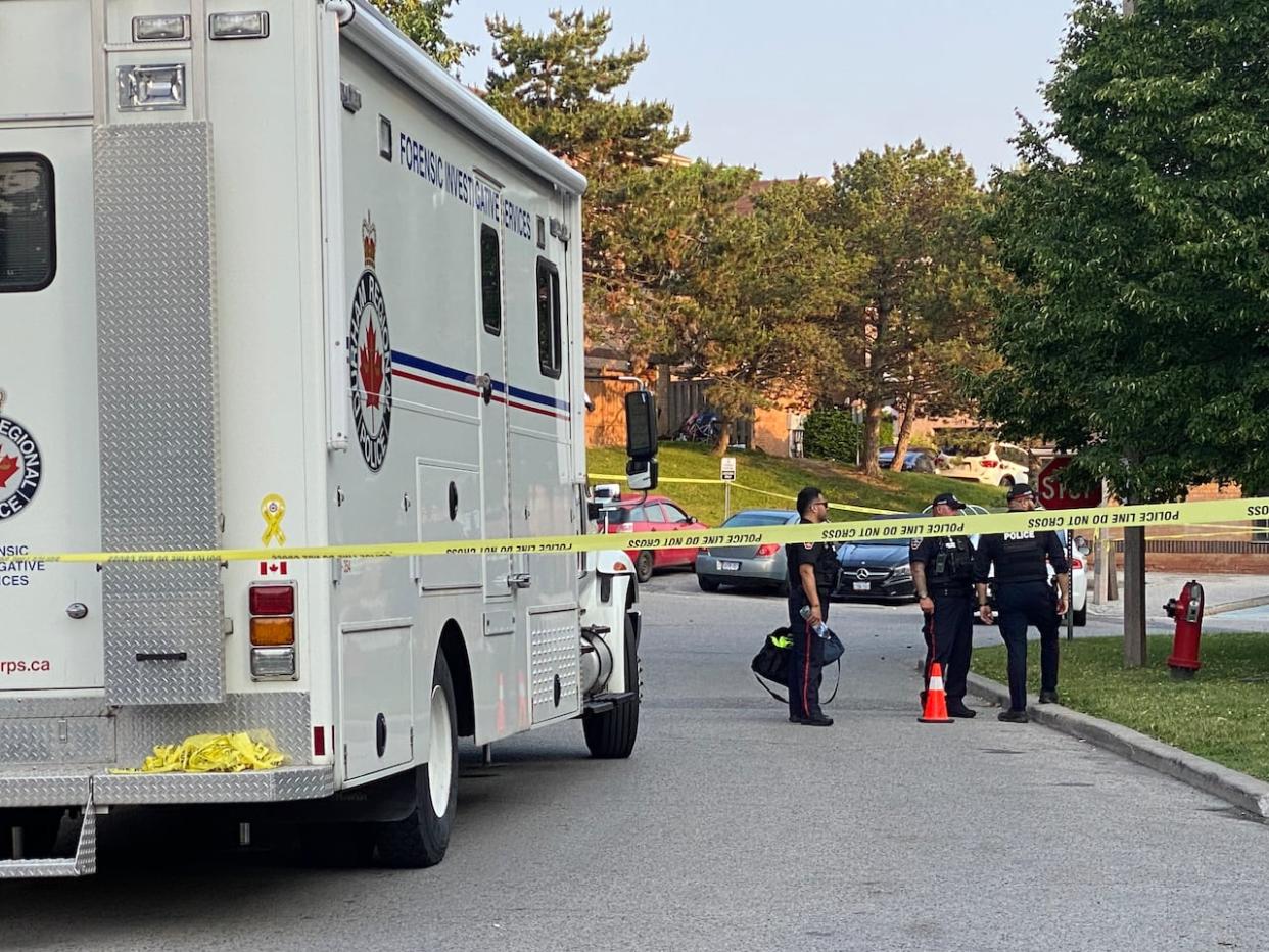 Durham police responded to reports of a shooting in the area of Kingston and Valleyfarm roads at approximately 9:45 p.m. A 17-year-old boy has died after the shooting, police say. (Linda Ward/CBC - image credit)