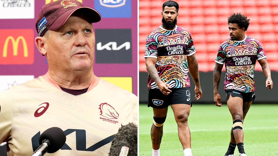 Brisbane coach Kevvie Walters (pictured left) hit back at reporters after being questioned over the Spencer Leniu ban following his comment to Ezra Mam (pictured far right). (Getty Images)