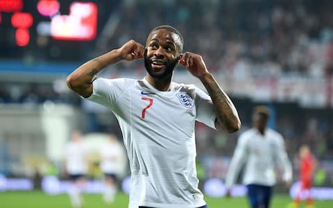 Raheem Sterling of England celebrates after scoring his team's fifth goal during the 2020 UEFA European Championships Group A qualifying match between Montenegro and England - Credit: getty images