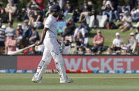 India's Hanuma Vihari walks from the field after he was dismissed during play on day one of the second cricket test between New Zealand and India at Hagley Oval in Christchurch, New Zealand, Saturday, Feb. 29, 2020. (AP Photo/Mark Baker)