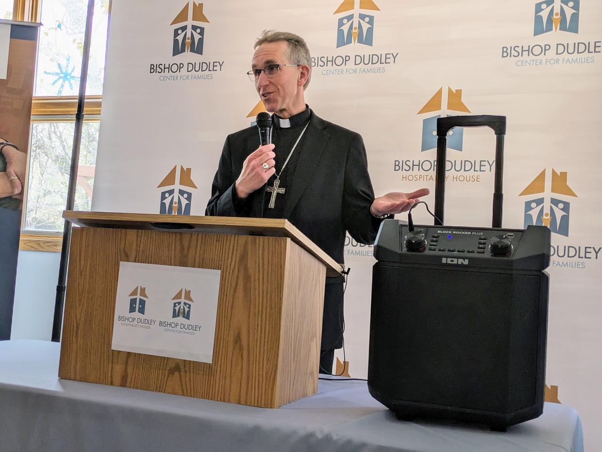 Rev. Donald E. DeGrood, Bishop of the Catholic Diocese of Sioux Falls, speaks at the Bishop Dudley Center for Families open house April 19, 2024. He said he is grateful to everyone who helped make this project a reality.
