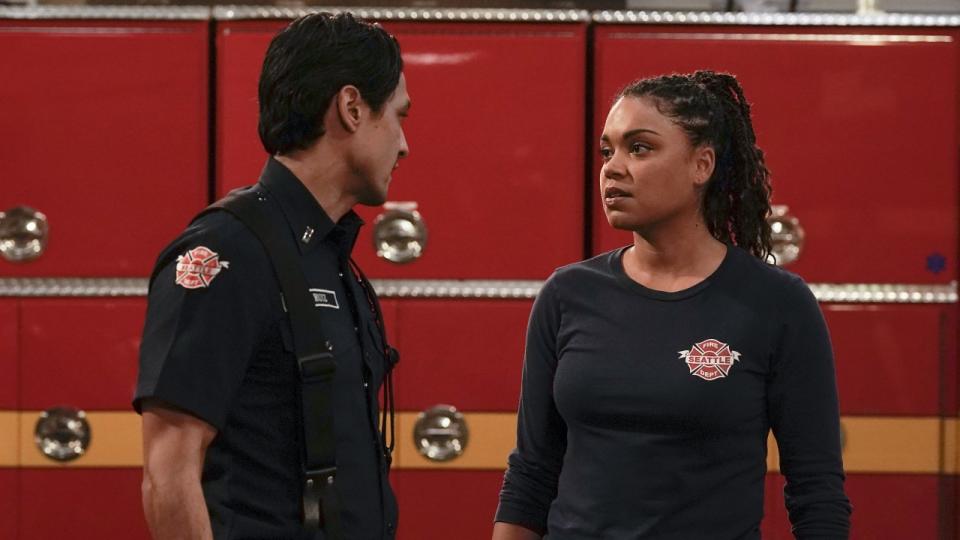 Barrett Doss as Vic Hughes and Carlos Miranda as Theo Ruiz on Station 19.