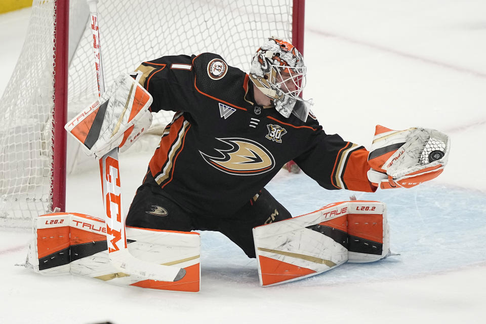 Anaheim Ducks goaltender Lukas Dostal makes a glove save during the first period of an NHL hockey game against the Los Angeles Kings Saturday, April 13, 2024, in Los Angeles. (AP Photo/Mark J. Terrill)