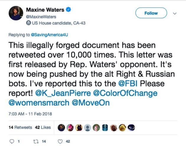 Waters tweets about the forged letter her opponent spread on Twitter. (Photo: Data and Society)