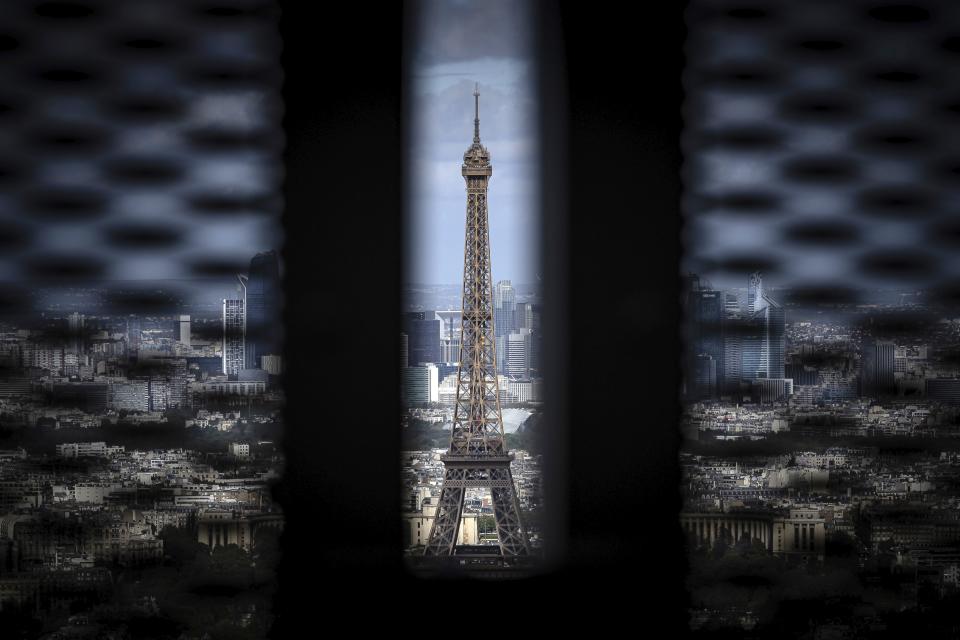 A view of the Eiffel Tower, in Paris, Monday, April 15, 2024. (AP Photo/Aurelien Morissard)