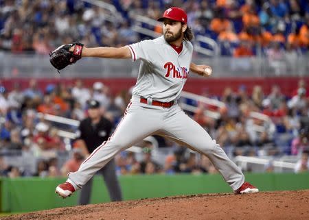 Jul 14, 2018; Miami, FL, USA; Philadelphia Phillies relief pitcher Austin Davis (54) delivers a pitch in the seventh inning against the Miami Marlins at Marlins Park. Mandatory Credit: Steve Mitchell-USA TODAY Sports