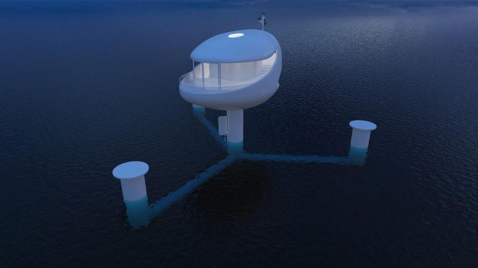 A rendering of a Seapod. The Seapod as 3 half floors, 833 sq. feet of living space and sits 7.5 feet above the waves. The exterior will have a mirror-like finish and is made of fiberglass, gel coat and foam.

All windows have a special UV tint on them for privacy and to help reduce interior heating.