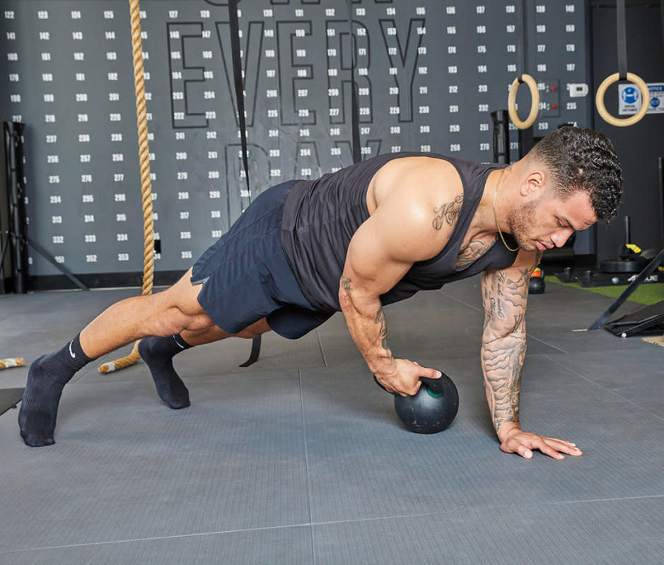 How to do it<ol><li>Hold a high plank with a kettlebell just outside your left hand.</li><li>Reach under your torso to grab the kettlebell with your right hand and “sweep” or drag the KB back and forth with a full range of motion.</li><li>Keep your core tight, glutes engaged, and hips level.</li><li>Your obliques should power this exercise.</li><li>Perform 60-sec. reps.</li></ol>