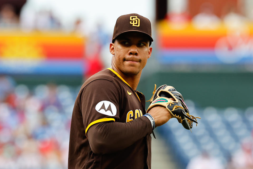 PHILADELPHIA, PA - JULY 14: Juan Soto #22 of the San Diego Padres before a game against the Philadelphia Phillies at Citizens Bank Park on July 14, 2023 in Philadelphia, Pennsylvania.  (Photo by Rich Graysle/Ikon Sportswire via Getty Images)