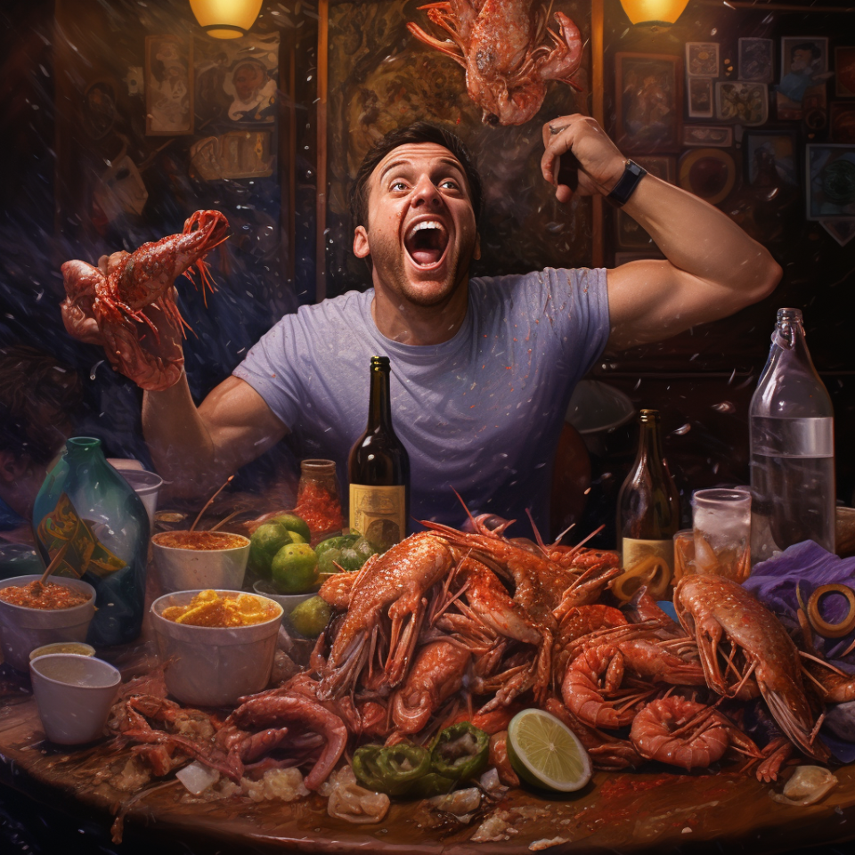 An excited-looking man wearing a T-shirt showing large biceps is holding a crawfish and sitting at a table stacked with seafood, including prawns and other crustaceans, bowls of condiments, and bottles of wine and other beverages