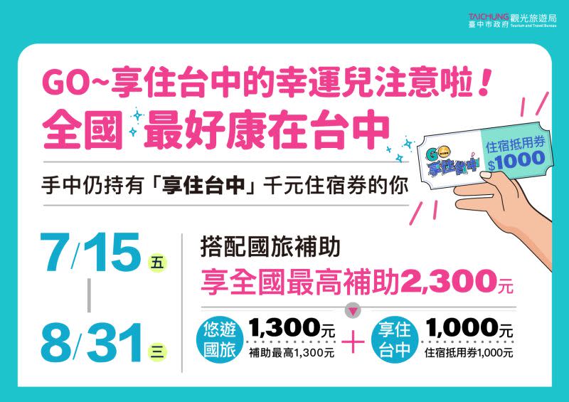 ▲台中市觀光旅遊局提出自由行「GO！享住台中」方案，不分平假日皆可使用(圖／觀旅局提供2022.7.9)